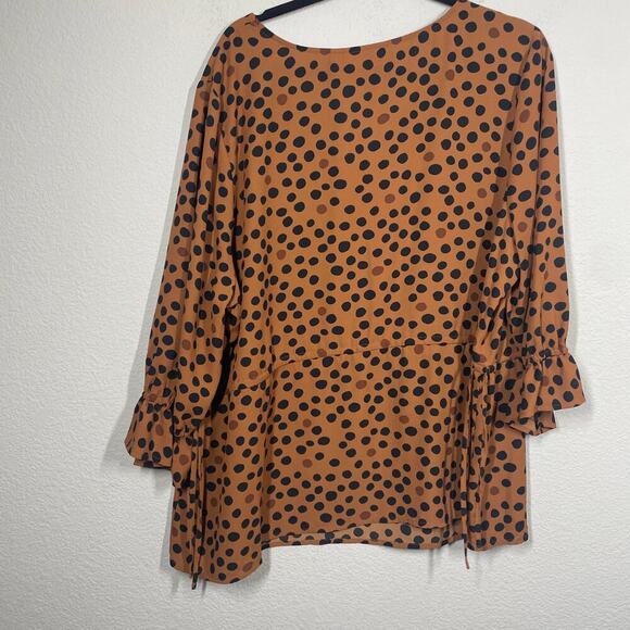 Evri Plus Size 2X Polka Dot Top Blouse Brown Black V Neck Drawstring Waist - Picture 7 of 7
